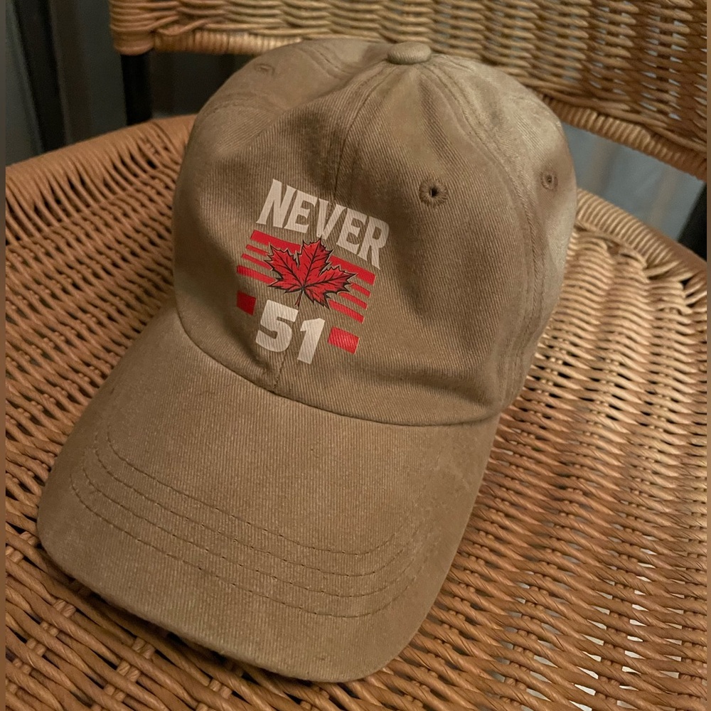 Never 51 Baseball Cap Tan Hat with Red Maple Leaf Print